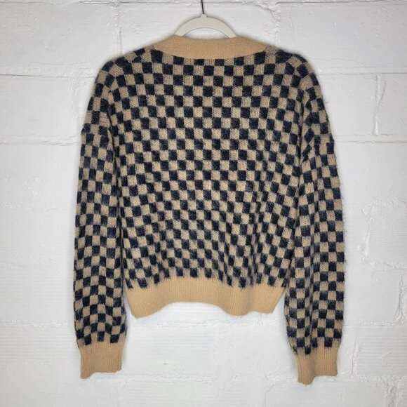 J. Crew Women's Medium Checkered V Neck Cardigan Sweater Wool Alpaca Blend - Picture 2 of 5